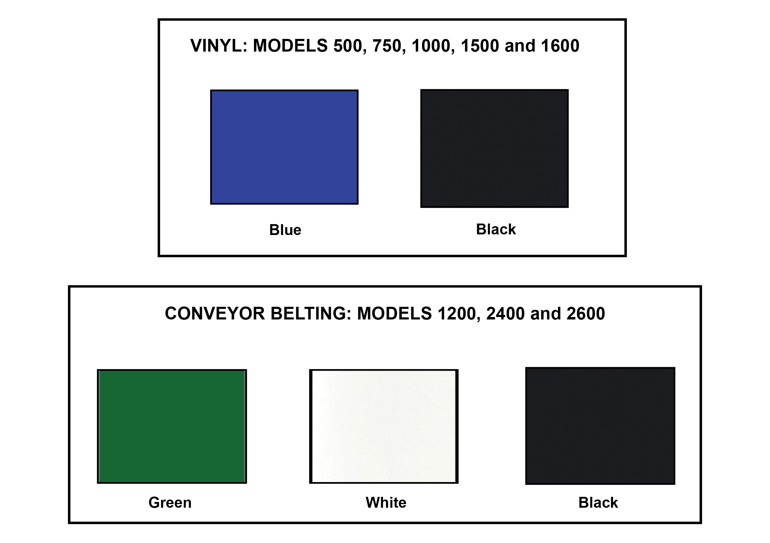 This is our flexible door color chart. It includes vinyl and conveyor belting colors.